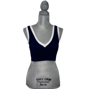 Aerie Off Line Navy blue white ribbed crop tank top